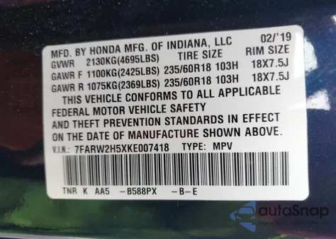 2019 Honda Cr-V Ex из США, поврежденный, VIN 7FARW2H5XKE007418